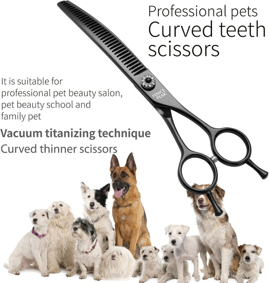 Fenice Peak Professional Dog Grooming Scissors Pet Curved Chunker Shears 7.0'' Extremely Sharp Blades 440C Steel Thinning Scissors Durable Smooth Motion & Fine Cut for Dogs and Cats(Black)