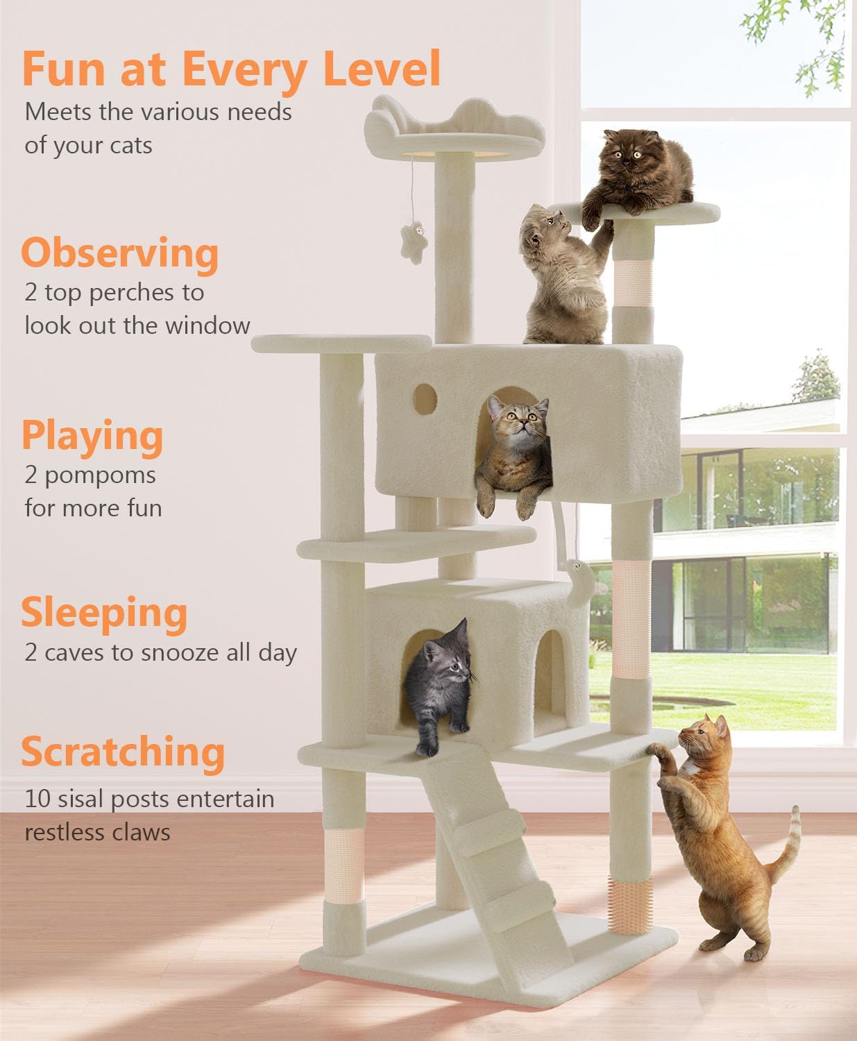 60'' Cat Tree Tower for Indoor Cats Large Adult,Cute/Tall Modern Cat Tree for Big Cats 20 lbs, Plush Multi-Level Cat Condo with Scratching Posts, Dangling Ball Indoor (Beige, 60 inch)