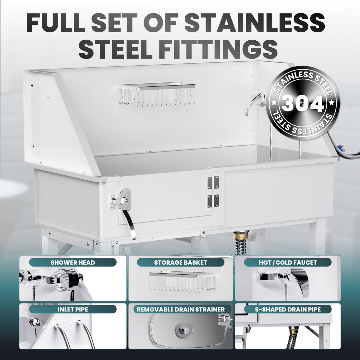 38" Dog Washing Station, Professional Stainless Steel Dog Bathing Station Dog Bathtub for Large & Medium Dog, Height Adjustable Dog Grooming Tub with Storage Basket, Movable Stair (Left Stair)