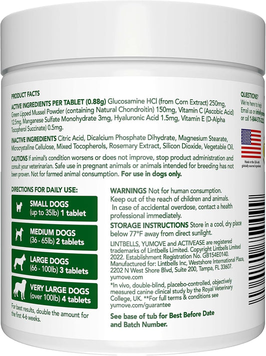 YuMOVE Hip & Joint Supplement for Dogs with Glucosamine, Hyaluronic Acid, Green Lipped Mussel & Omega 3 Joint Supplement - Regular or Advanced Strength (120ct, Chewable Tablets)