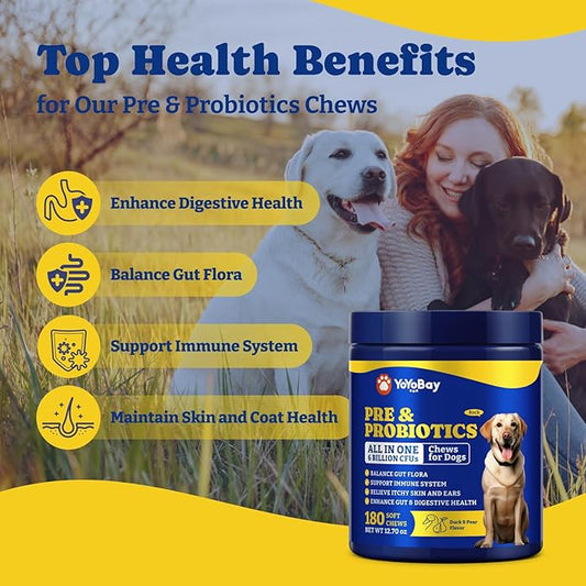 Probiotics for Dogs - Dog Probiotics for Digestive Health, Yeast, Itchy Skin, Gut Health, Immune & Skin - 6 Billion CFUs, 180 Soft Chews, Duck & Pear Flavor - with Prebiotics & Digestive Enzymes