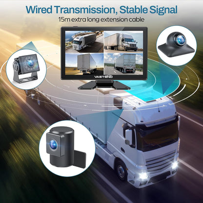 Truck Camera System Kit, Backup Camera with 10” Touch Monitor & 4 Cameras, 1080P IR Night Vision Rear View Camera for Bus, Semi-Truck, Trailer, RV, Camper, Included 64GB Card