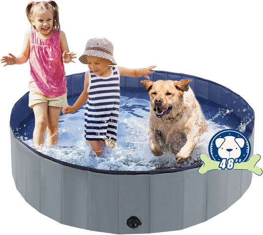 Foldable Dog Bath Swimming Pool Plastic Kiddie Pool Professional Tub Collapsible Grooming Bathtub for Pets Kids Baby and Toddler, 48 x 12 Inches Gray