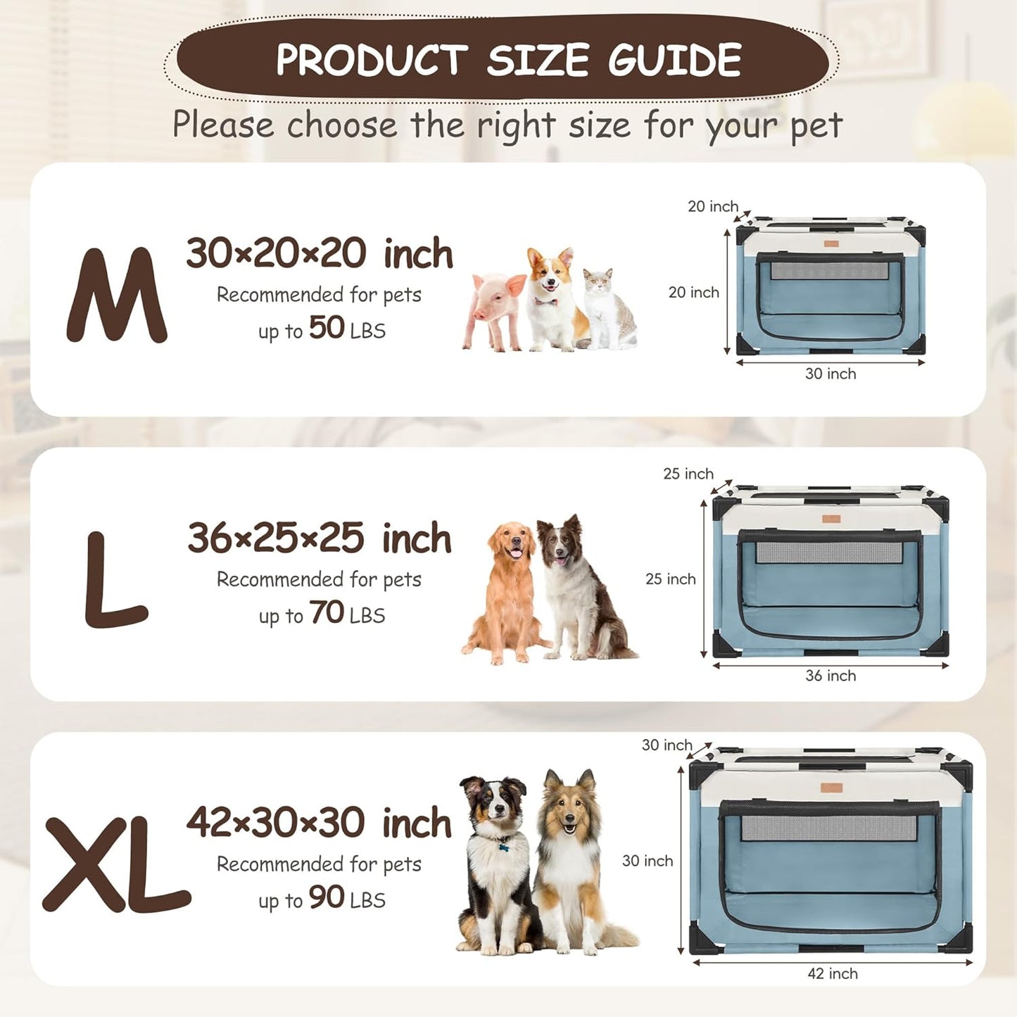 Dog Crate - Soft Pet Kennel for Dogs/Cats, 3-Door Breathable Travel Cage with Mesh Window, Portable Dog Kennel for Indoor & Outdoor，Blue-M