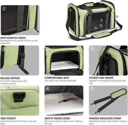Pet Carrier for Small Medium Cats Dogs Puppies up to 15 Lbs, Airline Approved Small Dog Carrier Soft Sided, Collapsible Travel Puppy Carrier - Green