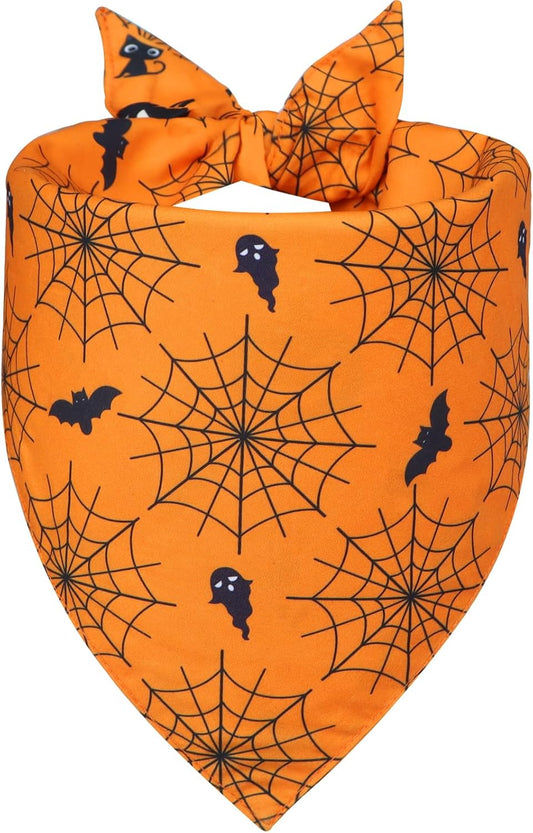 Halloween Dog Bandana for X-Large Dogs - Reversible Orange Jack-o-Lantern & Spiderweb Print Scarf - Soft & Quick-Dry for Costume Parties