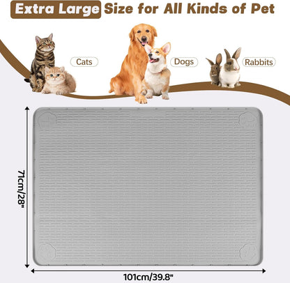 Cat Food Mat, 40" x 28" Extra Large Silicone Pet Feeding Mat with Raised Edge Pet Placemat for Food and Water Bowl Non-Slip, Easy to Clean, Floor Protection (Grey)