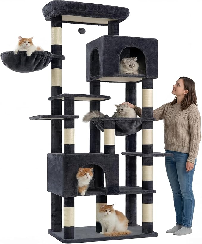 Heybly Cat Tree, 76-Inch Tall Heavy Duty Cat Tower for Big Cats with Extra Wide Baseboard, Multi-Level Large Cat Furniture with 2 Condos & 2 Hammocks, 10 Scratching Posts, Smoky Gray HCT039G