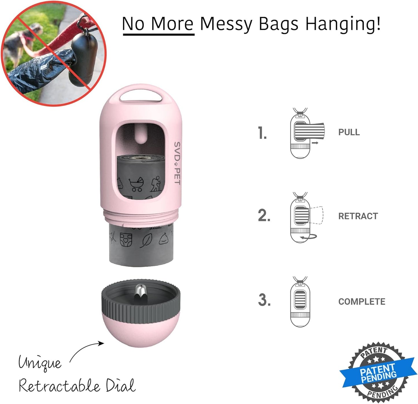 SVD.PET Dog Poop Bag Dispenser, Retractable Waste Bag Fits Any Dog Leash, Built-in Waste Bags, Poop Bag Holder, Doggy Walking Accessory (Primrose Pink)