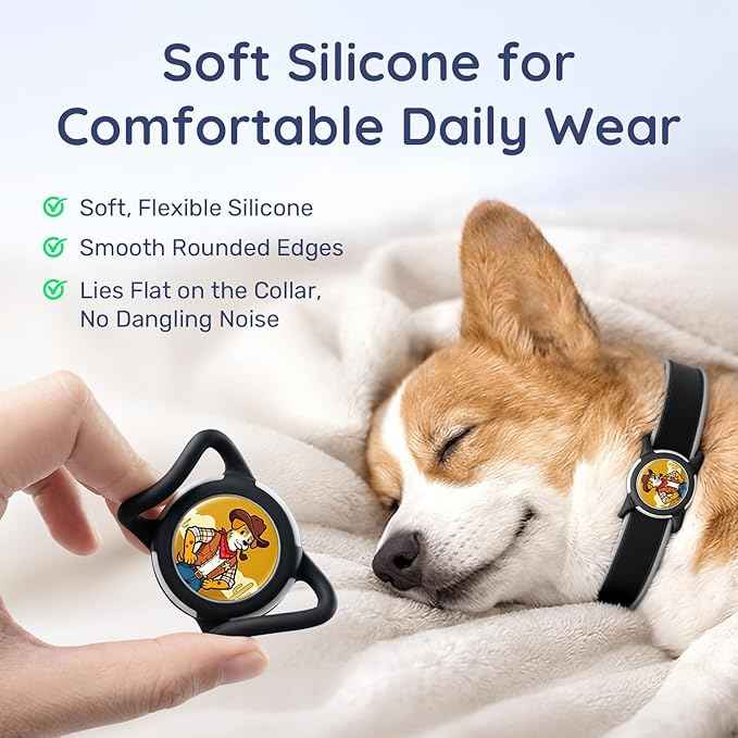 Dog AirTag Holder for Dog Collar, Soft Silicone Slide-On Case for Apple AirTag, No-Dangle Quiet Protective Holder with Eye-Catching Pet Character Designs, Black-Cowboy Sheriff
