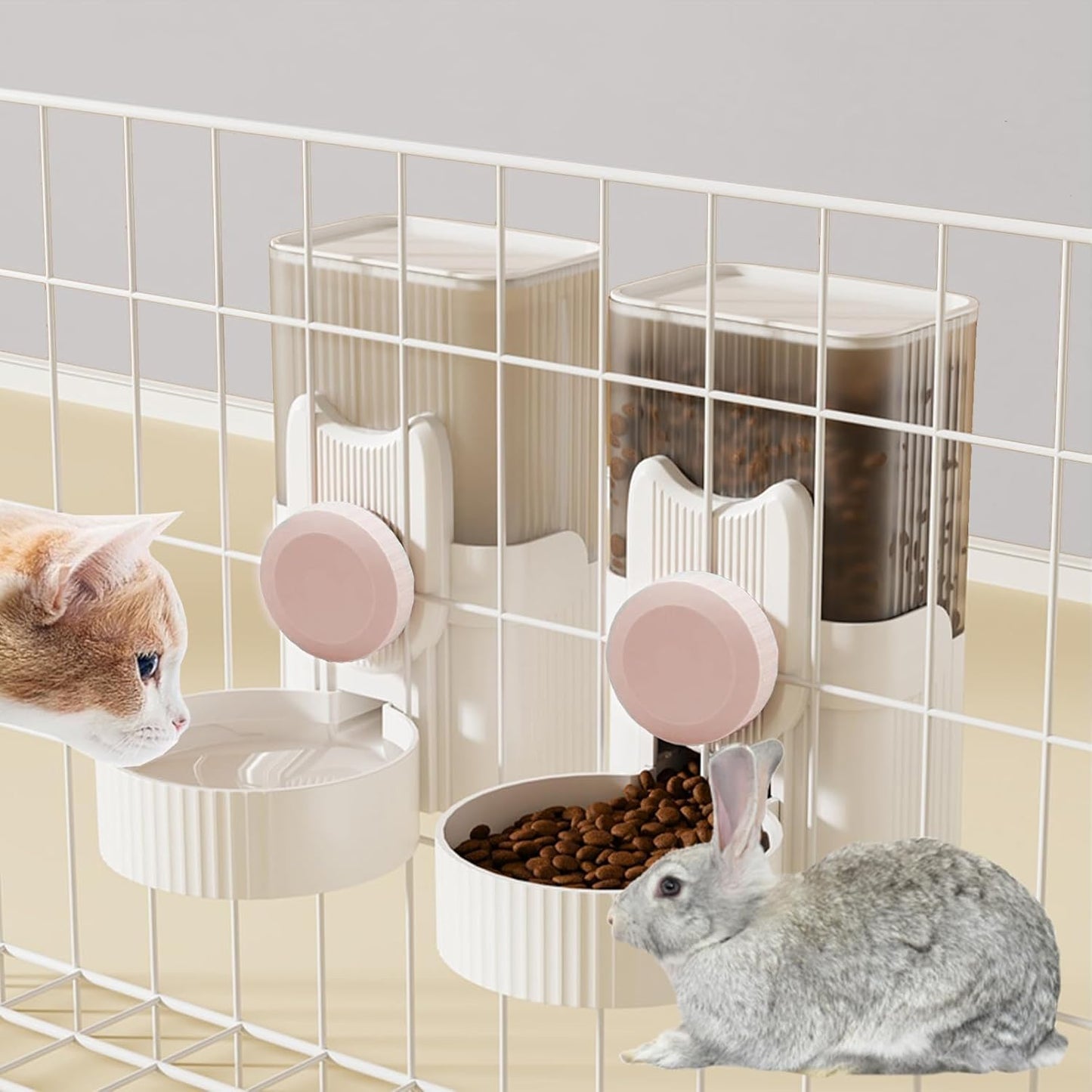 kathson Rabbit Gravity Auto Feeder Set 35oz Hanging Automatic Food Water Dispenser Cage Automatic Feeder Set for Rabbit Chinchilla Guinea Pig Hedgehog Ferret Kitty Puppy (Pink)