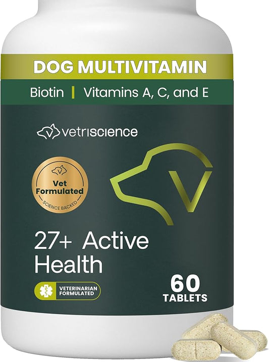 VetriScience Senior 27+ Active Health Chewable Tablets, Canine Plus Daily Multivitamin for Senior Dogs, Balanced Vitamins, Minerals and Antioxidants, Aging and Wellness Support, Veggie, 60 Count