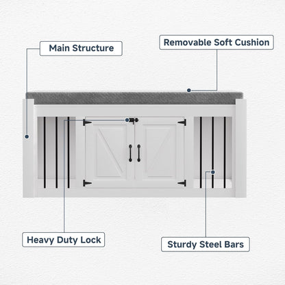 Dog Crate Furniture with Padded Seat, Luxury Wooden Dog Kennel, End of Bed Bench Ottoman with Removable Cushion for Bedroom, Living Roome, White