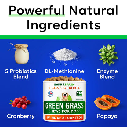 BARK&SPARK Green Grass Chews - Pee Grass Spot Saver Caused by Dog Urine - Urine Neutralizer for Lawn, Gut Health Probiotics & Digestive Enzymes,Lawn Burn from Dog Urine, Grass Burn Spot Chews, Rocks