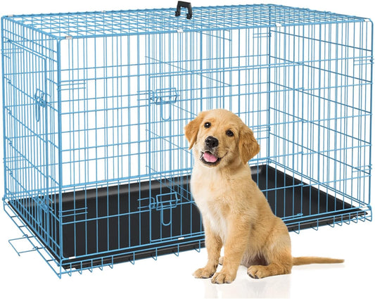 BestPet | Dog Crate | 30" | Blue | Foldable Metal Kennel with Double Doors, Secure Slide-Bolt Latches, Leakproof Tray | Portable Dog Cage for Small Breeds | for Travel, Indoor & Outdoor Use