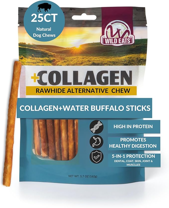 Wild Eats Water Buffalo Collagen Sticks for Dogs (25 Pack, 0.6 cm Wide) Long Lasting Dog Chews, No Hide Dog Treat Bully Stick Alternative, Rawhide Free, Grain Free, High Protein