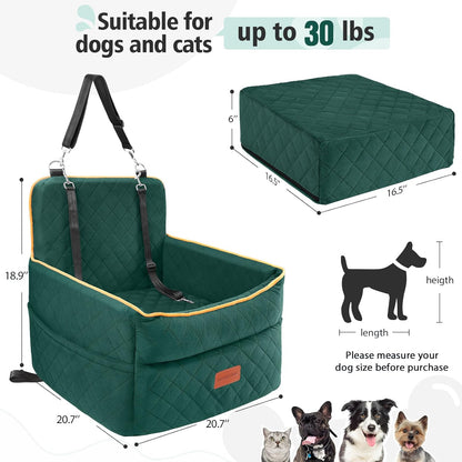 Dog Car Seat for Small Medium Dogs, Memory Foam Puppy Dog Booster Seat with Thick Cushion for Dogs Under 35lbs, Detachable Washable Pet Car Seat Travel Bed with Storage Pockets,2 Safety Belts