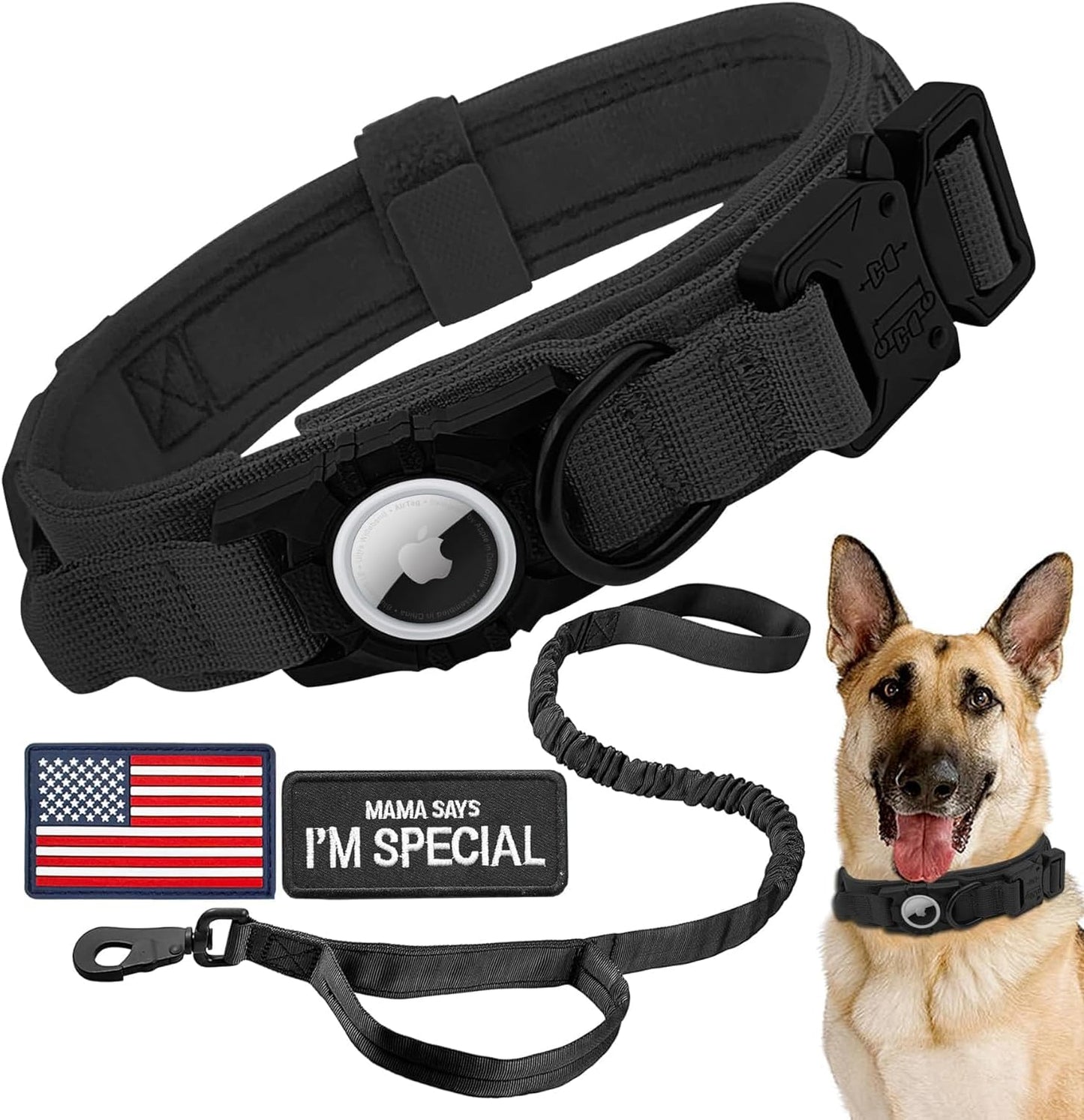 Tactical AirTag Dog Collar Leash Set - Heavy Duty, Adjustable GPS Collar Compatible with Apple AirTag, with Holder & Control Handle for Medium/Large Dogs [ Black, M ]