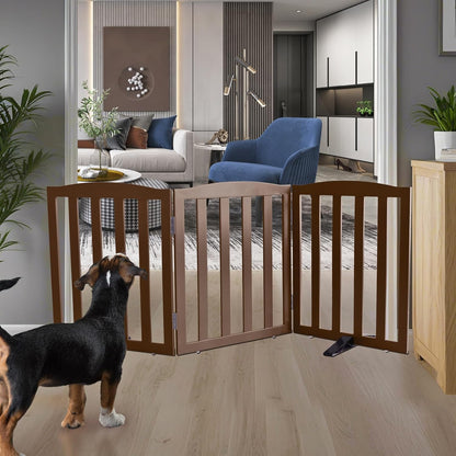 ZJSF Foldable Freestanding Indoor Dog Gate for House Wood Long Pet Gates Dog Fence for Stairs Puppy Gates for Hallways, Puppy Gate,Support Feet Included, Brown, 24 "Height-3 Panels