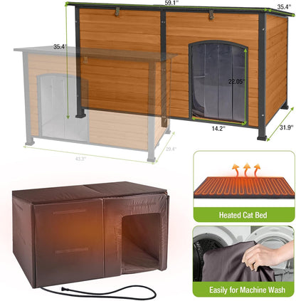 GUTINNEEN Heated Dog House Outdoor 59.1" Extra Large Dog Kennel with Metal Frame Insulated Dog Crate Cage for Large Dogs Outside with Heater and Insulated Liner, Brown