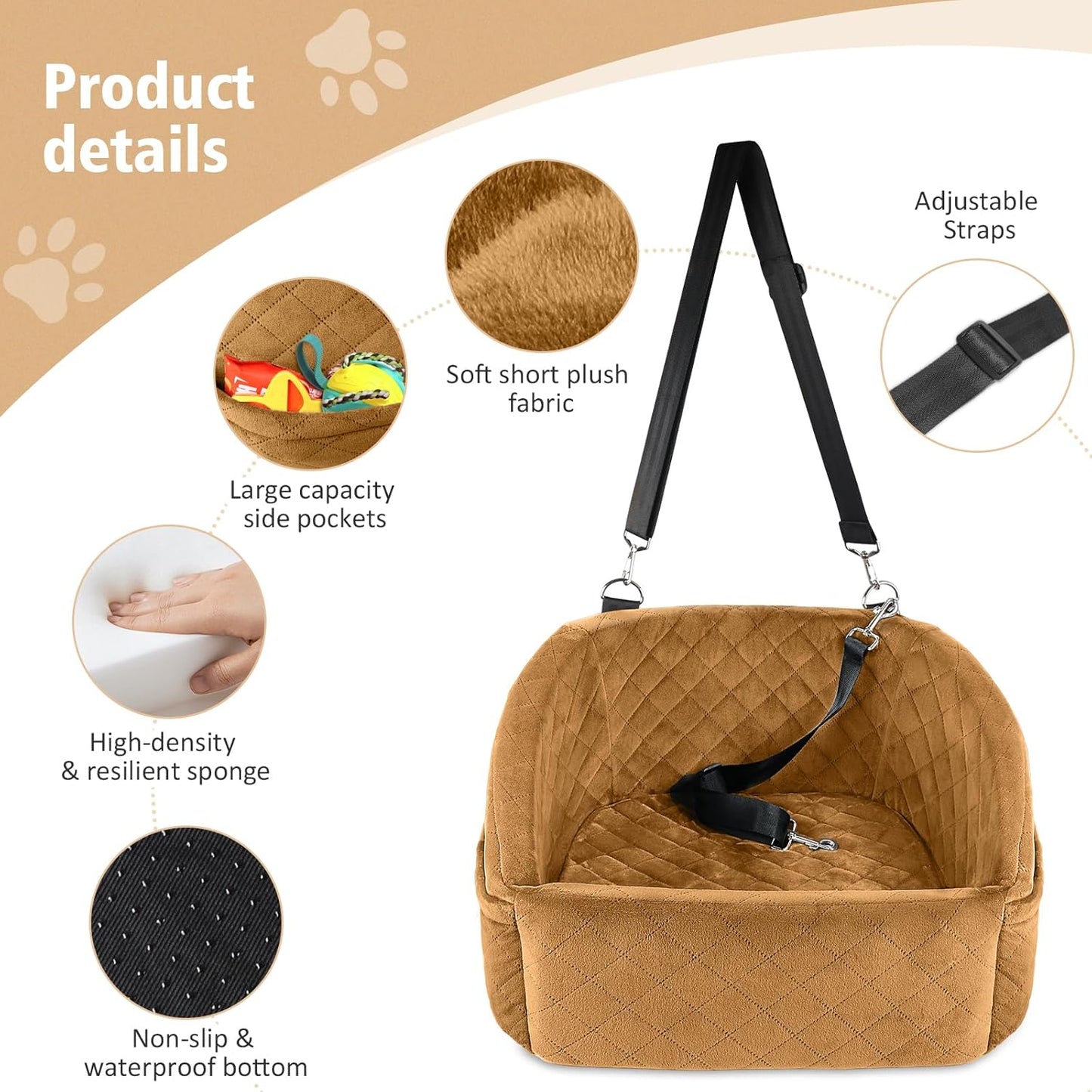 Dog Car Seat for Small Medium Dogs,Detachable Washable Dog Booster Seat Under 30lbs,Pet Car Seat Travel Bed with Storage Pockets and Dog Safety Belt（Brown - Pawvie