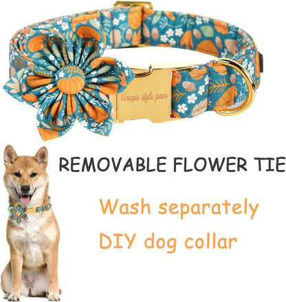 Unique style paws Halloween Dog Collar with Flower Tie Pumpkin Cotton Collar Adjustable Puppy Collar for Small Medium Large Dogs-XL