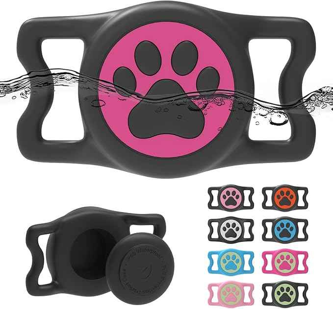 Waterproof Dog Collar Airtag Holder,Stretchy Silicone Full Body Covered Airtag Holder for Dog Cat Collars (Black-Rose red)
