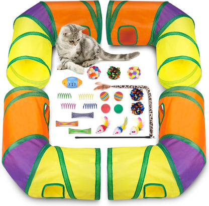 Retro Shaw Cat Tunnels with Cat Toys Pack, Interactive Kitten Toys for Indoor Cats Kitty, Kitten Tube Tent Feather Wand Teaser Bell Fuzzy Ball Springs Mouse (25 Pcs Extra Large Cat Tunnel Toys Set)