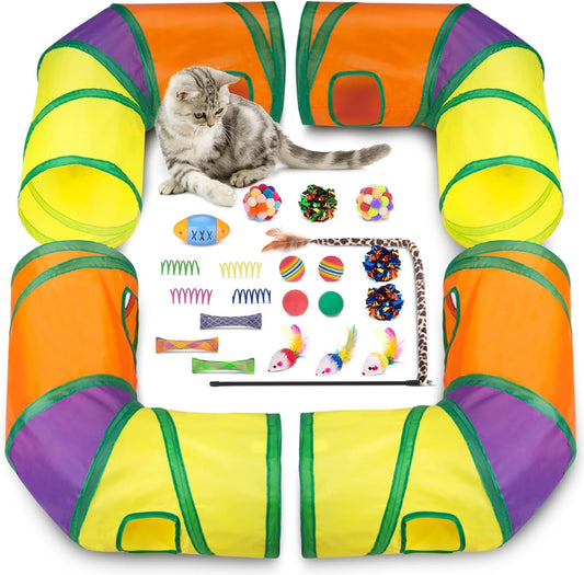 Retro Shaw Cat Tunnels with Cat Toys Pack, Interactive Kitten Toys for Indoor Cats Kitty, Kitten Tube Tent Feather Wand Teaser Bell Fuzzy Ball Springs Mouse (25 Pcs Extra Large Cat Tunnel Toys Set)