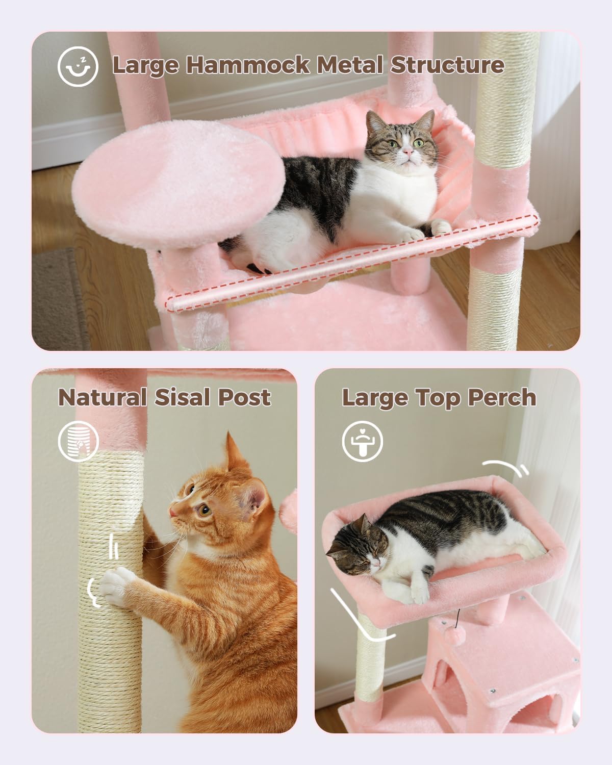 Cat Tree for Large Cats Adult with Metal Plush Big Hammock, 56.3" Cat Tower with 2 Door Condo House, 6-Tier Cat Shelves with Scratching Posts and Large Top Perch, Light Pink