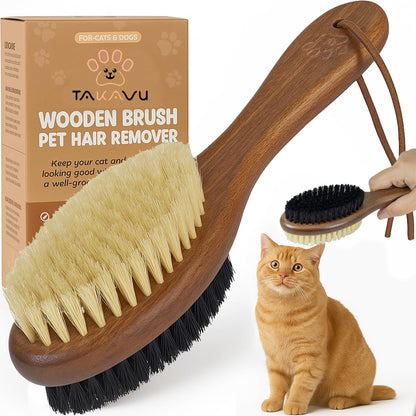 Takavu Double-Sided Boar Bristle Cat Brush - Natural Grooming Tool for Gentle Cleaning, Shine & Reduced Loose Hair - Wood Handle Pet Brush