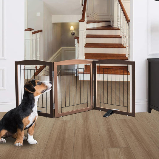 ZJSF Freestanding Dog Fence Indoor, Foldable Dog Gate for Doorways, Stairs or Hallways, Sturdy Wood Extra Wide Pet Gate with Support Feet for The House, Brown, 24 "Height-3 Panels