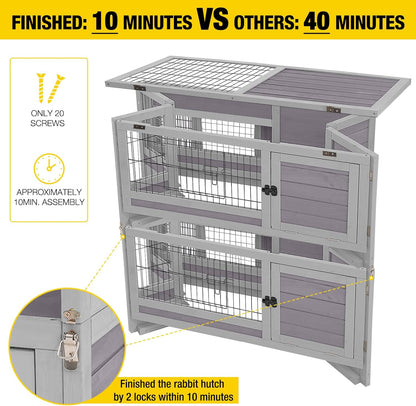 Aivituvin Large Rabbit Hutch Indoor and Outdoor Folding Bunny Cage on Wheels Guinea Pig Cage with Deep No Leak Pull Out Tray,Upgrade Version (Light Gray)