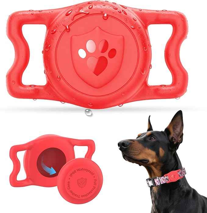 for Airtag Dog Collar Holder – IP68 Waterproof Dog Air Tag Holder for Dog Collar, Anti-Lost & Durable Silicone Case, Compatible with Apple AirTags (Red)