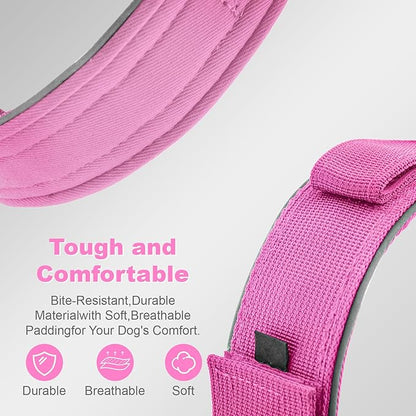 2026 Upgrade Dog Collar with IPX8 Waterproof AirTag Holder,Military Tactical Comfortable Control Handle and Ultra-Durable Metal Buckle/Night Reflective,GPS Collar for Medium to Large Dogs（Pink/M）