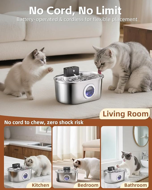 Cat Water Fountain Wireless - Stainless Steel 3.2L/108oz Cordless Pet Fountain - Battery Operated Automatic Water Dispenser for Cats Indoor, with Motion Sensor & Quiet Pump