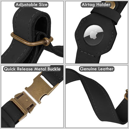 AirTag Dog Collar - Genuine Leather Dog Collar with Apple AirTag Holder and Metal Buckle - Smart GPS Tracking Pet Collars (Black, XL, 20"-25" Neck Fit)