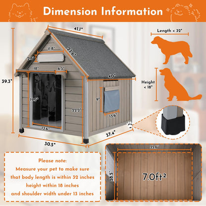 Outdoor Dog House Weatherproof Large Wooden Dog Kennel Indoor for Small Dogs with Chew-Proof Frame, Oxford Fabric Window, Removable Floor Pet Shelter (Grey, 30.5" D x 37.4" W x 39.3" H)