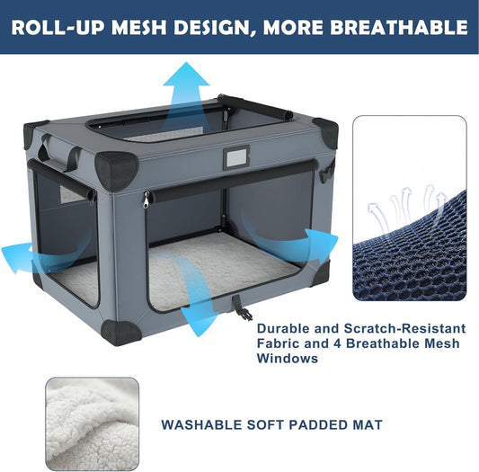 36 Inch Soft Dog Crates, Portable Travel Crate for Large Dogs, 3-Door Foldable Soft Kennel with Mesh Windows for Indoor & Outdoor Travel, with Blanket and a Foldable Bowl