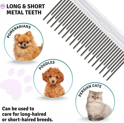 Poodle Pet Detangling Pet Comb with Long & Short Stainless Steel Teeth for Removing Matted Fur, Knots & Tangles – Detangler Tool Accessories for Safe & Gentle DIY Dog & Cat Grooming