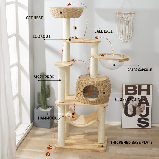 59" Big Modern Cat Tree Tower, Cat Tower Sisal-Covered Scratching Posts for Indoor Cats, Oak Wood Cat Tree for Large Cats, Multi-Level Cat Condo with Space Capsule Nest, Cat Furniture Activity Centre