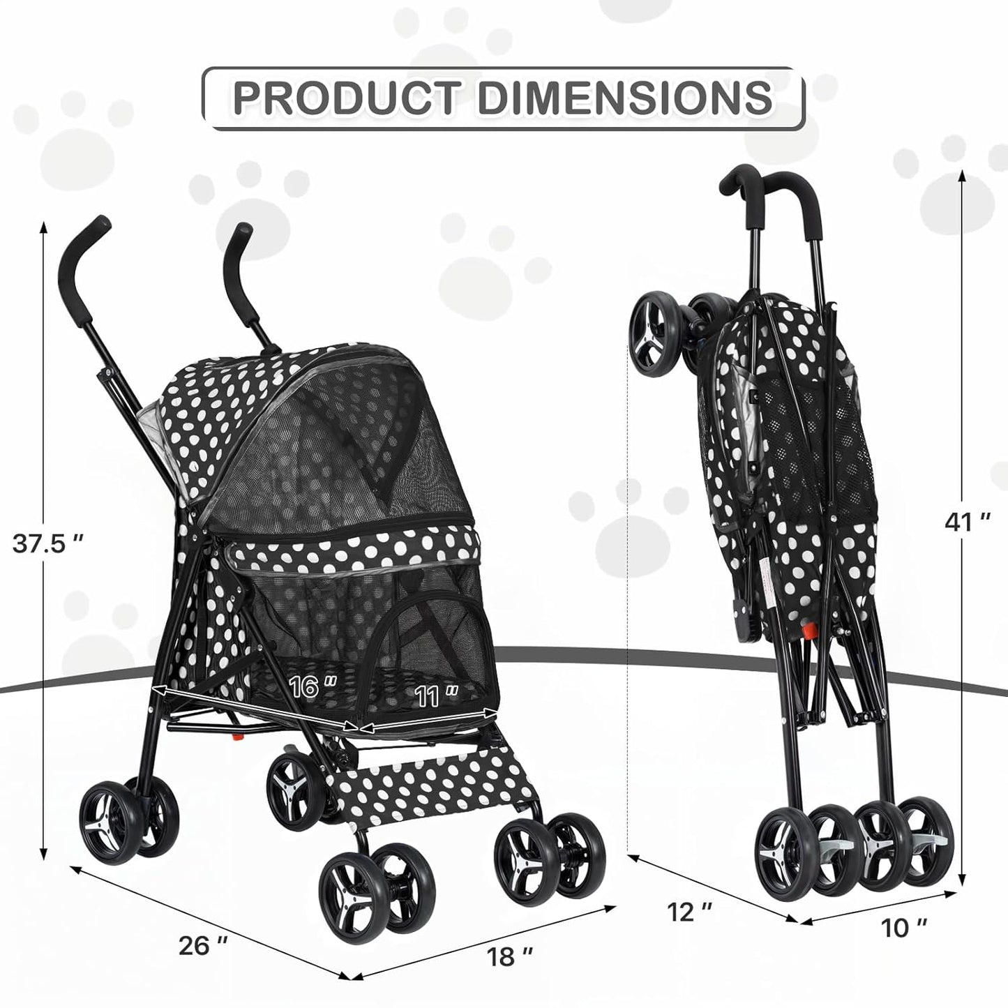 MoNiBloom 4 Wheels Pet Stroller, Easy-Fold Umbrella Shaped Dog Cat Jogger Stroller w/Storage Bag & Visible Mesh for Small/Medium Dogs Cats Black Polka Dots - Pawvie
