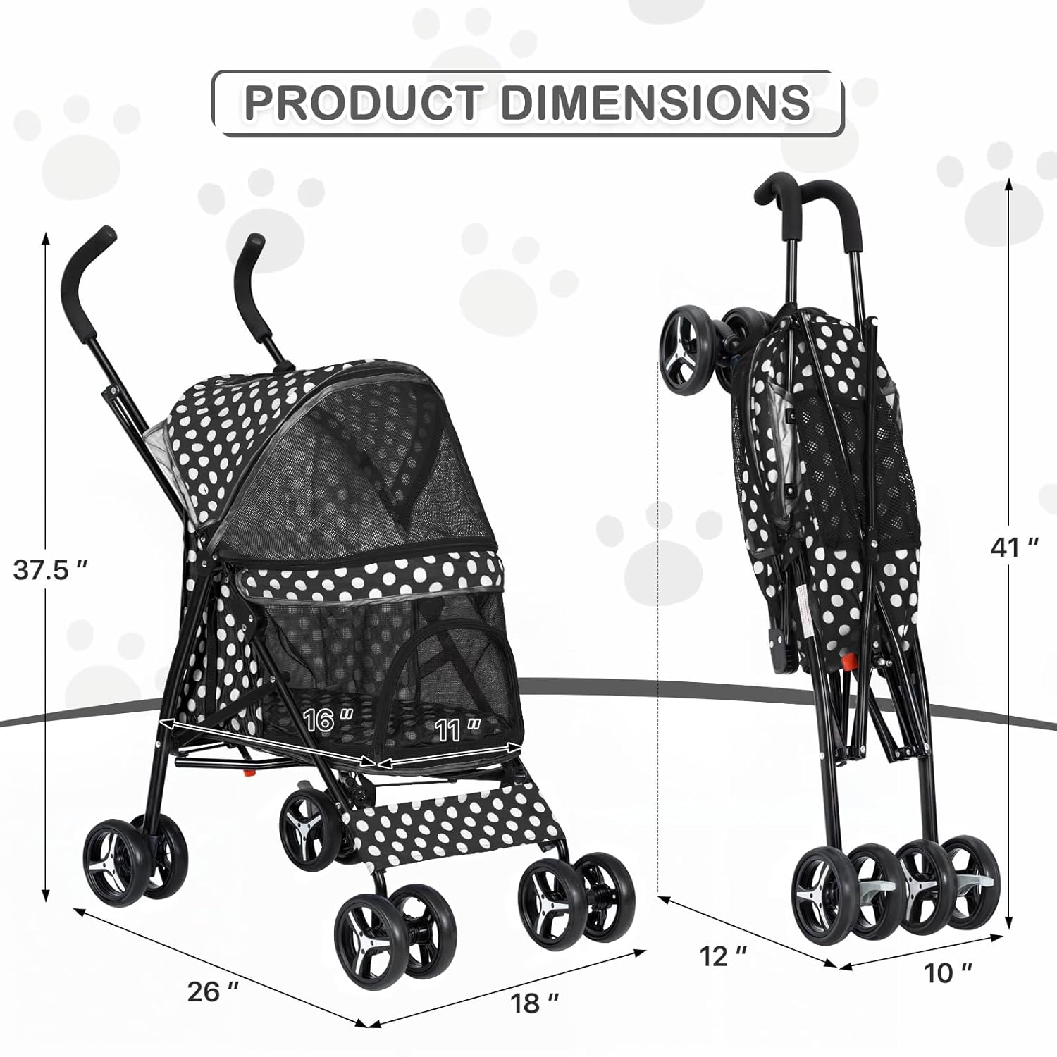 MoNiBloom 4 Wheels Pet Stroller, Easy-Fold Umbrella Shaped Dog Cat Jogger Stroller w/Storage Bag & Visible Mesh for Small/Medium Dogs Cats Black Polka Dots - Pawvie