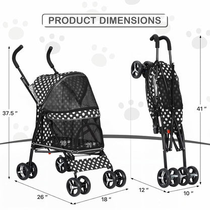 MoNiBloom 4 Wheels Pet Stroller, Easy-Fold Umbrella Shaped Dog Cat Jogger Stroller w/Storage Bag & Visible Mesh for Small/Medium Dogs Cats Black Polka Dots - Pawvie