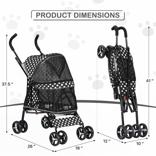 MoNiBloom 4 Wheels Pet Stroller, Easy-Fold Umbrella Shaped Dog Cat Jogger Stroller w/Storage Bag & Visible Mesh for Small/Medium Dogs Cats Black Polka Dots - Pawvie