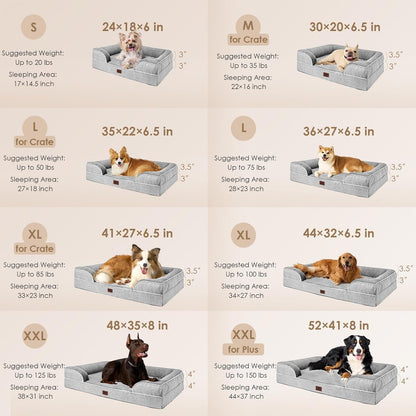 EHEYCIGA Orthopedic Dog Beds for Large Dogs, Waterproof Memory Foam Large Dog Bed with Sides, Non-Slip Bottom and Egg-Crate Foam Pet Couch Bed with Washable Removable Cover, Grey