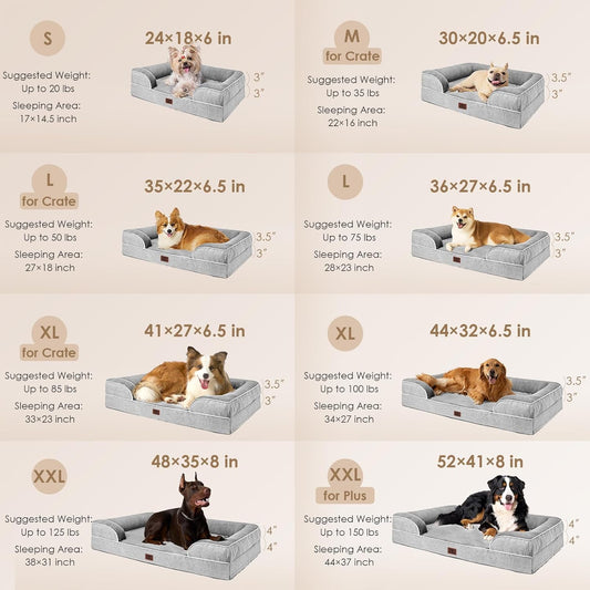 EHEYCIGA Orthopedic Dog Beds for Large Dogs, Waterproof Memory Foam Large Dog Bed with Sides, Non-Slip Bottom and Egg-Crate Foam Pet Couch Bed with Washable Removable Cover, Grey