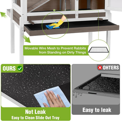 GUTINNEEN Indoor Rabbit Hutch Guinea Pig Cages with Chew-Proof Ramp, 2-Story Wooden Bunny House with Pull-Out Tray & Leakproof PVC Layer, Small Animal Cage with Detachable Legs