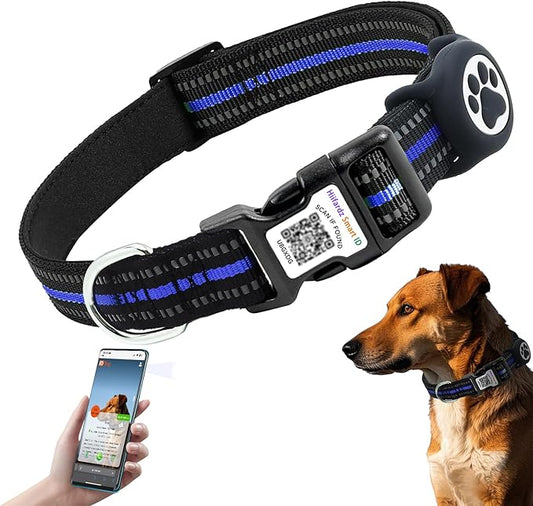 Airtag Dog Collar with QR Code Tag - Reflective Adjustable Nylon Collar, Quick Release Buckle for Small Medium Large Dogs, Comfortable Padded Lining (Blue, L)