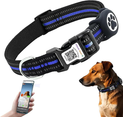 Airtag Dog Collar with QR Code Tag - Reflective Adjustable Nylon Collar, Quick Release Buckle for Small Medium Large Dogs, Comfortable Padded Lining (Blue, S)